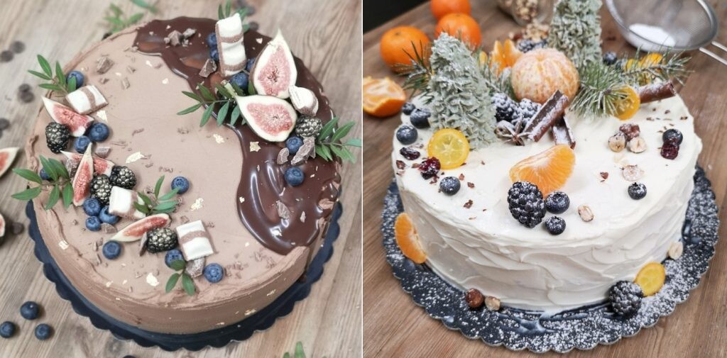 Torty značky Sweet Affairs, ktorú založila účastníčka show MasterChef Razija Trnačević. Vľavo je torta potretá čokoládovým krémom a ozdobená ovocím, vpravo je torta s bielym krémom a s ovocím.