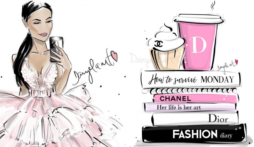 Ilustrácia Danyelaart - žena s mobilom, knihy, cupcake a šálka s kávou